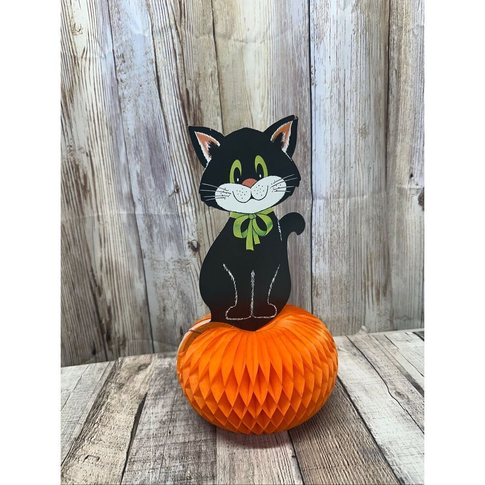 VTG Halloween Black Cat Honeycomb Orange Pumpkin Base Retro Paper Decoration